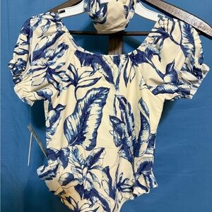 Jessica Simpson Blue and Cream Kids Swim One Piece with headband